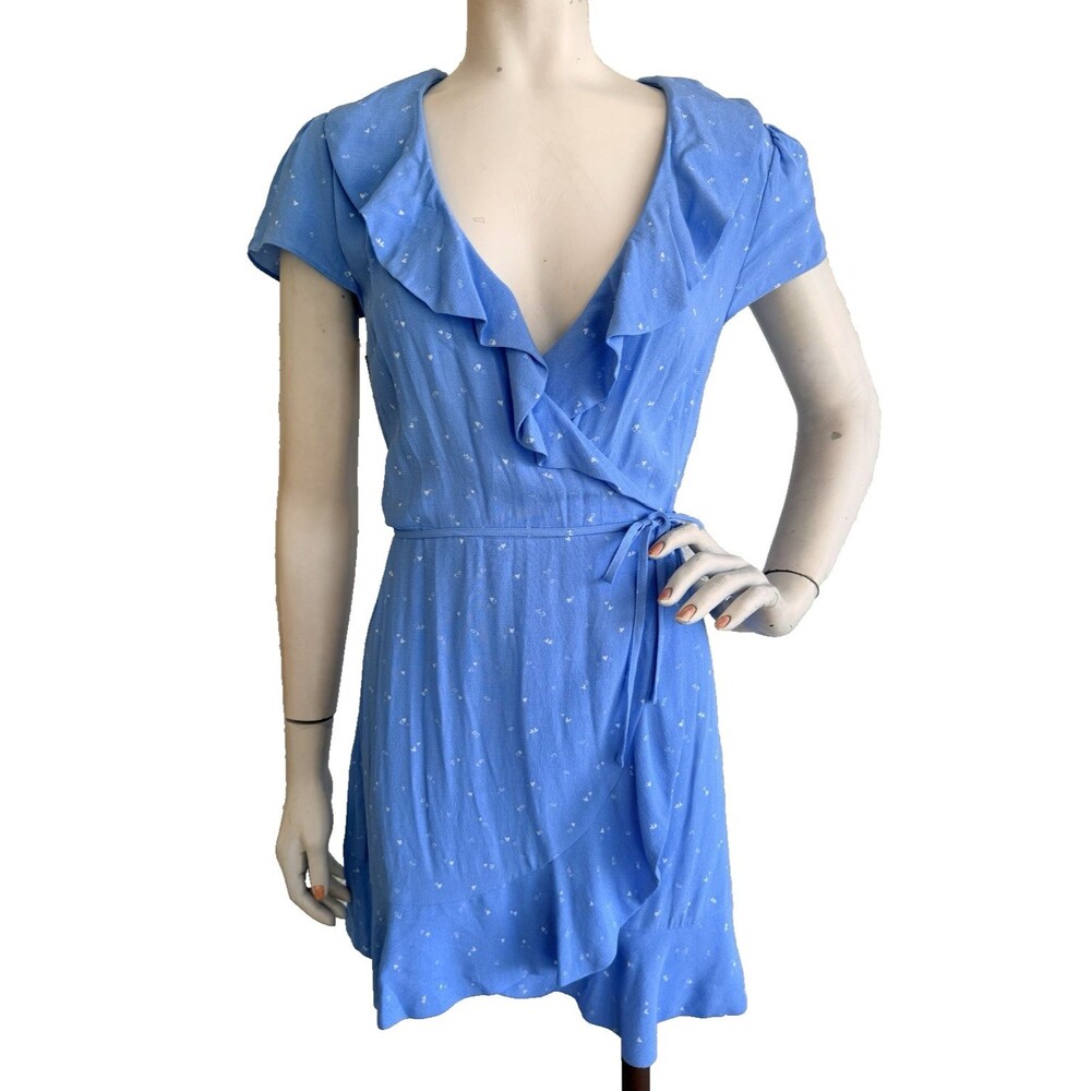 ARITZIA Sunday Best Wrap Dress NWT Blue Floral Ruffled Mini 100% Viscose Size S